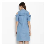 Women's Denim Solid Cold Shoulder Above Knee Dress (Blue) - Image 7