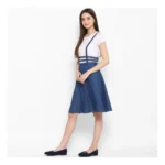 Women's Denim Solid Shoulder Straps Below Knee Dress (Blue) - Image 3