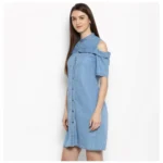 Women's Denim Solid Cold Shoulder Above Knee Dress (Blue) - Image 3