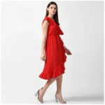 Women's Polyester Ruffled Cap Sleeve Knee-Length Dress (Red) - Image 3