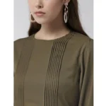 Women's Polyester Pintuck Long Sleeves Below Knee Dress (Olive) - Image 2