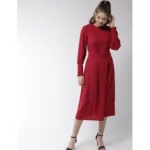 Women's Polyester Pintuck Long Sleeves Below Knee Dress (Red) - Image 5