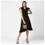 Women's Polyester Ruffled Cap Sleeve Knee-Length Dress (Black) - Image 5