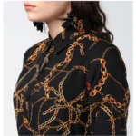 Women's Polyester Chain Print Roll Up Sleeve Below Knee Dress (Black - Yellow) - Image 2
