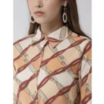 Women's Polyester Printed Roll Up Sleeve Above Knee Dress (Off White - Brown) - Image 2