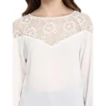 Women's Polyester Georgette Self Design 3-4th Sleeves Regular Top (White) - Image 2