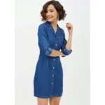 Women's Denim Solid Long Sleeves Above Knee Dress (Blue) - Image 4