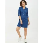 Women's Denim Solid Long Sleeves Above Knee Dress (Blue) - Image 6