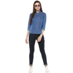 Women's Denim Solid 3-4th Sleeves Regular Top (Blue) - Image 6