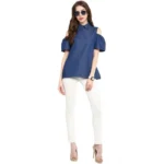 Women's Denim Solid Cold Shoulder Regular Top (Blue) - Image 6
