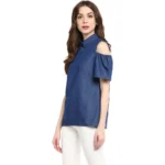 Women's Denim Solid Cold Shoulder Regular Top (Blue) - Image 3