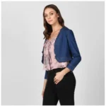 Women's Denim Ruffled Long Sleeves Shrug (Navy Blue) - Image 3
