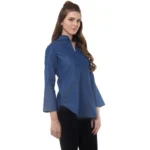 Women's Denim Solid Bell Sleeve Regular Top (Blue Denim) - Image 4