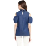 Women's Denim Solid Cold Shoulder Regular Top (Blue) - Image 7