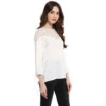 Women's Polyester Georgette Self Design 3-4th Sleeves Regular Top (White) - Image 5