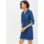 Women's Denim Solid Long Sleeves Above Knee Dress (Blue) - Image 3