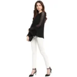 Women's Polyester Georgette Self Design Bell Sleeve Regular Top (Black) - Image 6