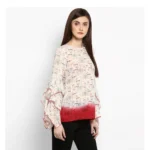 Women's Rayon Crepe Printed Ruffle Sleeve Top (Off White - Red) - Image 4