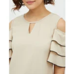 Women's Polyester Tiered Cold Shoulder Top (Beige) - Image 2