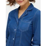 Women's Denim Solid Long Sleeves Above Knee Dress (Blue) - Image 2
