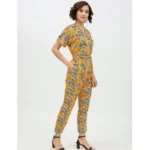 Women's Polyester Printed Half Sleeve Long Jumpsuit (Yellow) - Image 4