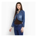 Women's Denim Pleated 3-4th Sleeves Shrug (Blue) - Image 3