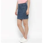 Women's Denim Front Pocket Buttoned Skirt (Blue) - Image 3