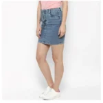 Women's Denim Draw String Buttoned Skirt (Blue) - Image 3