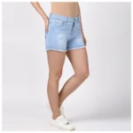 Women's Denim Solid Buttoned Shorts (Blue) - Image 3