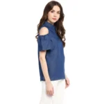 Women's Denim Solid Cold Shoulder Regular Top (Blue) - Image 4