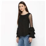 Women's Polyester Solid Tier Sleeve Top (Black) - Image 3