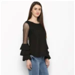 Women's Polyester Solid Tier Sleeve Top (Black) - Image 4