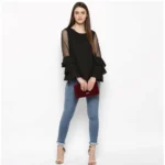 Women's Polyester Solid Tier Sleeve Top (Black) - Image 6