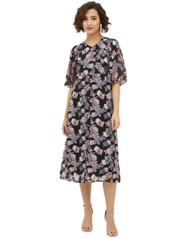 Women's Polyester Chain Print Cap Sleeve Calf-length Dress (Multicolor)
