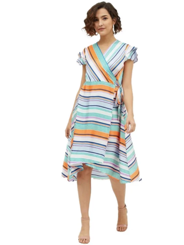 Women's Satin Striped Short Sleeve Knee-Length Dress (Multicolor)