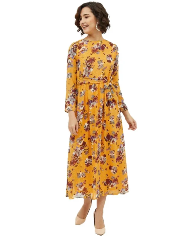 Women's Polyester Floral Long Sleeves Calf-length Dress (Multicolor)