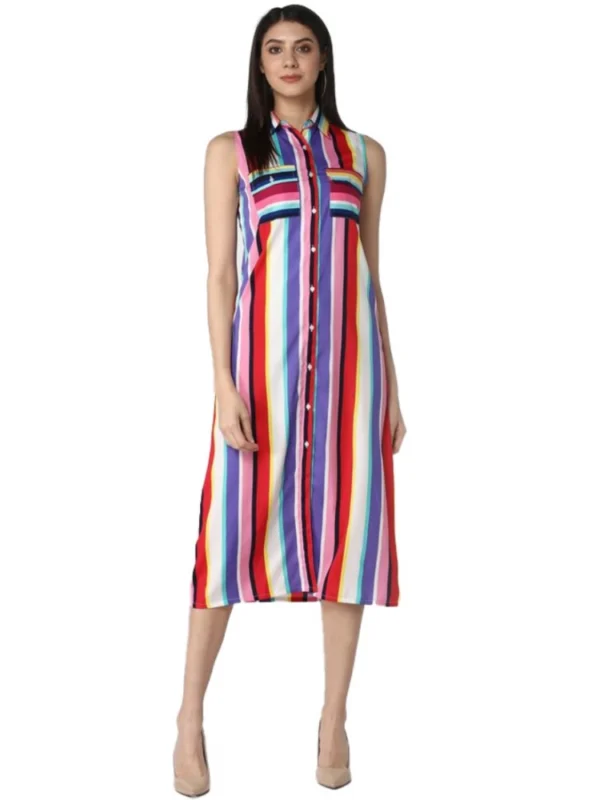 Women's Polyester Striped Sleeveless Calf-length Dress (Multicolor)