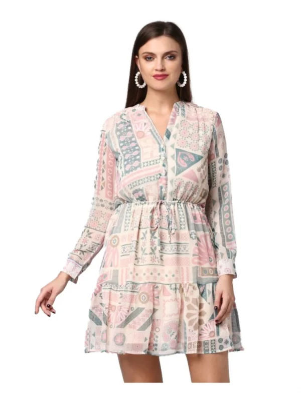 Women's Polyester Printed Long Sleeves Above Knee Dress (Light Pink - Off White)
