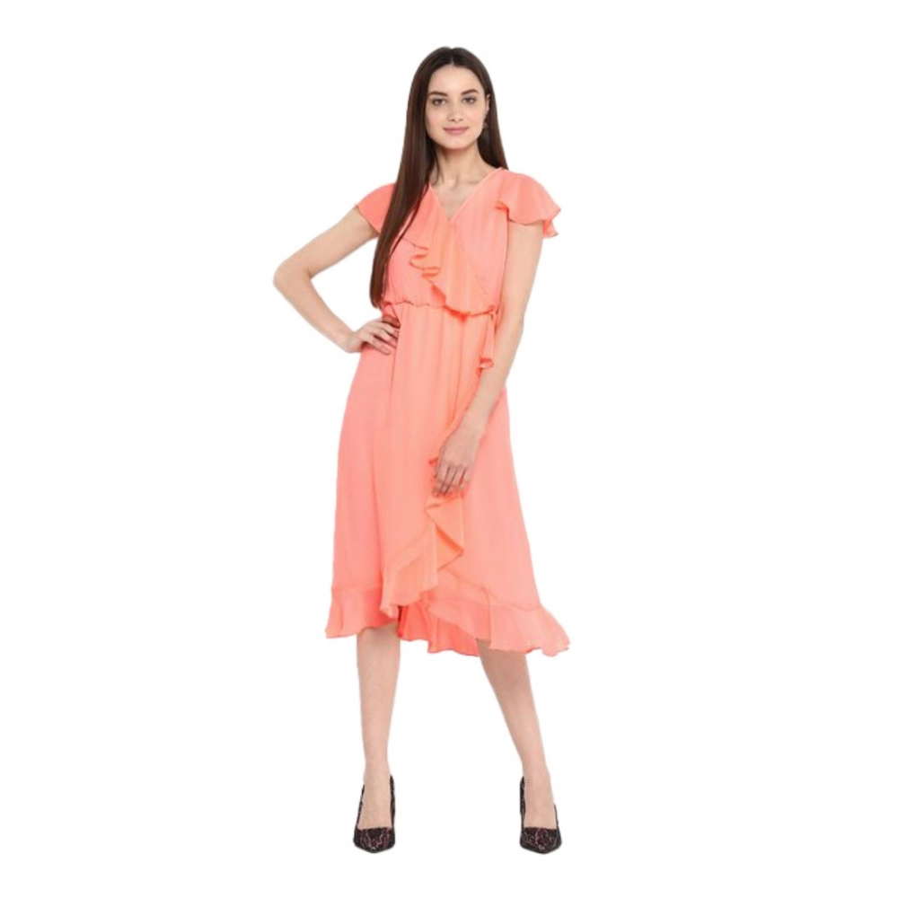 54040648562_21d3a054df_o_d-1000x1000-1.webp Women's Polyester Ruffled Cap Sleeve Below Knee Dress (Neon Pink) - Image 1