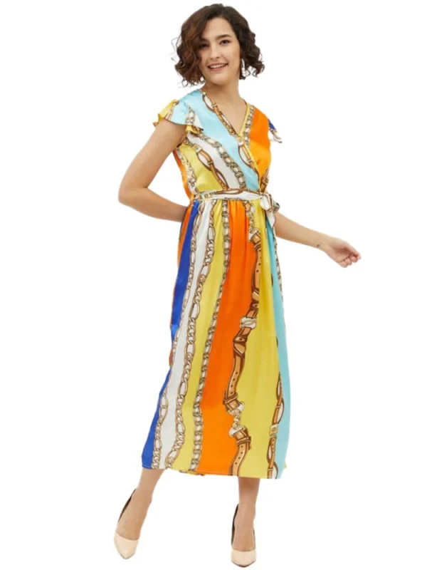 Women's Satin Chain Print Cap Sleeve Calf-length Dress (Multicolor)