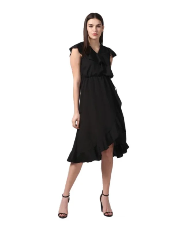 Women's Polyester Ruffled Cap Sleeve Knee-Length Dress (Black)