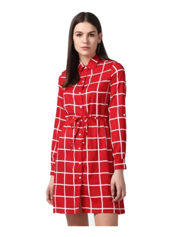 Women's Polyester Checkered Long Sleeves Above Knee Dress (Red)