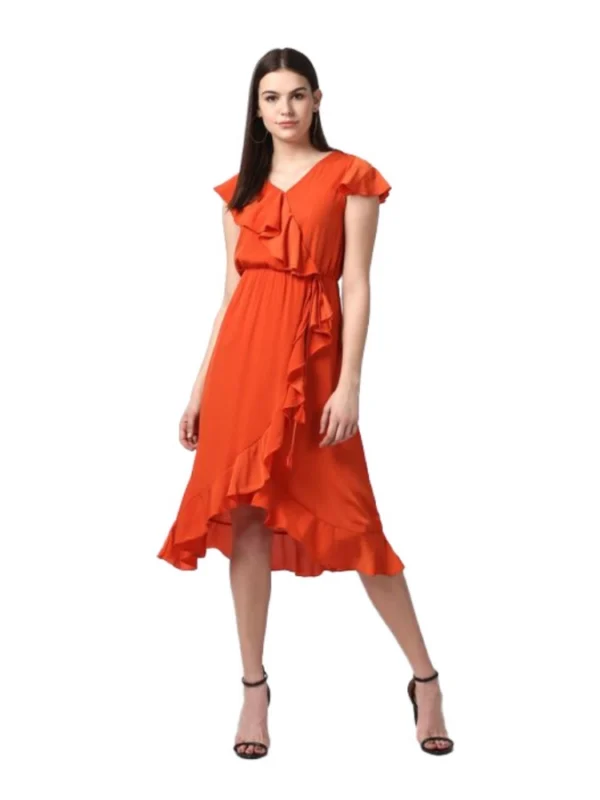 Women's Polyester Ruffled Cap Sleeve Knee-Length Dress (Orange)
