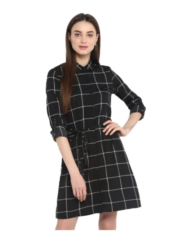 Women's Polyester Checkered Roll Up Sleeve Above Knee Dress (Black - White)