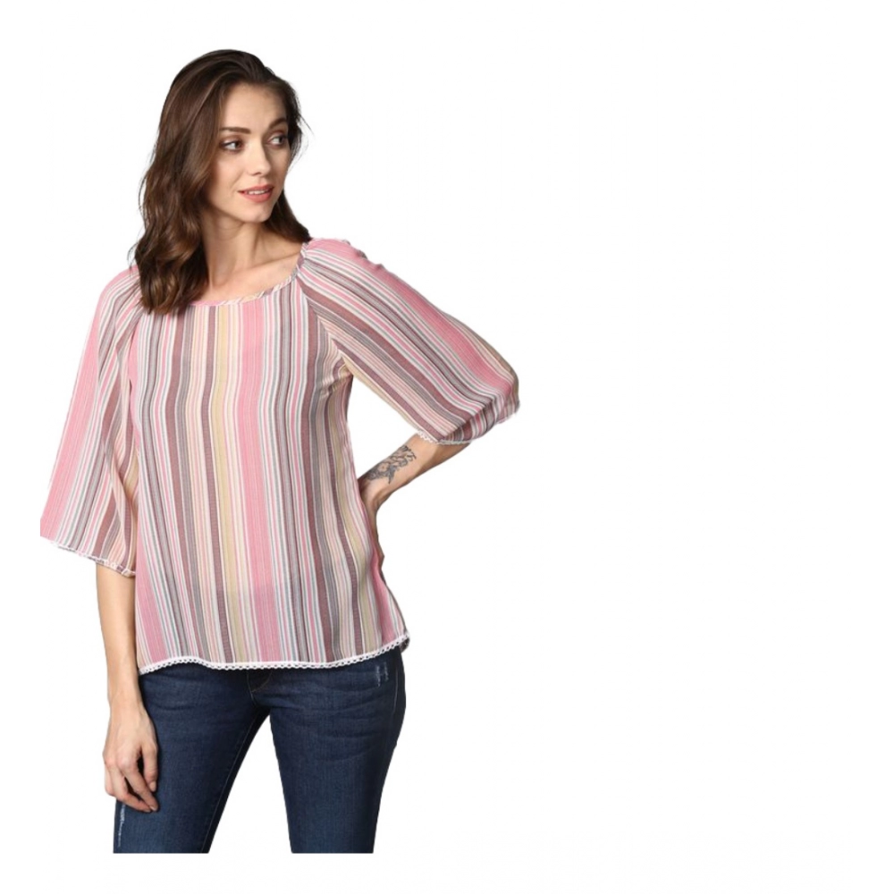 54041763138_1576357964_o_d-1000x1000-1.webp Women's Polyester Striped 3-4th Sleeves Top (Pink) - Image 1