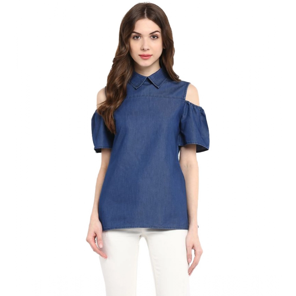 54041763218_c62c2dcebc_o_d-1000x1000-1.webp Women's Denim Solid Cold Shoulder Regular Top (Blue) - Image 1