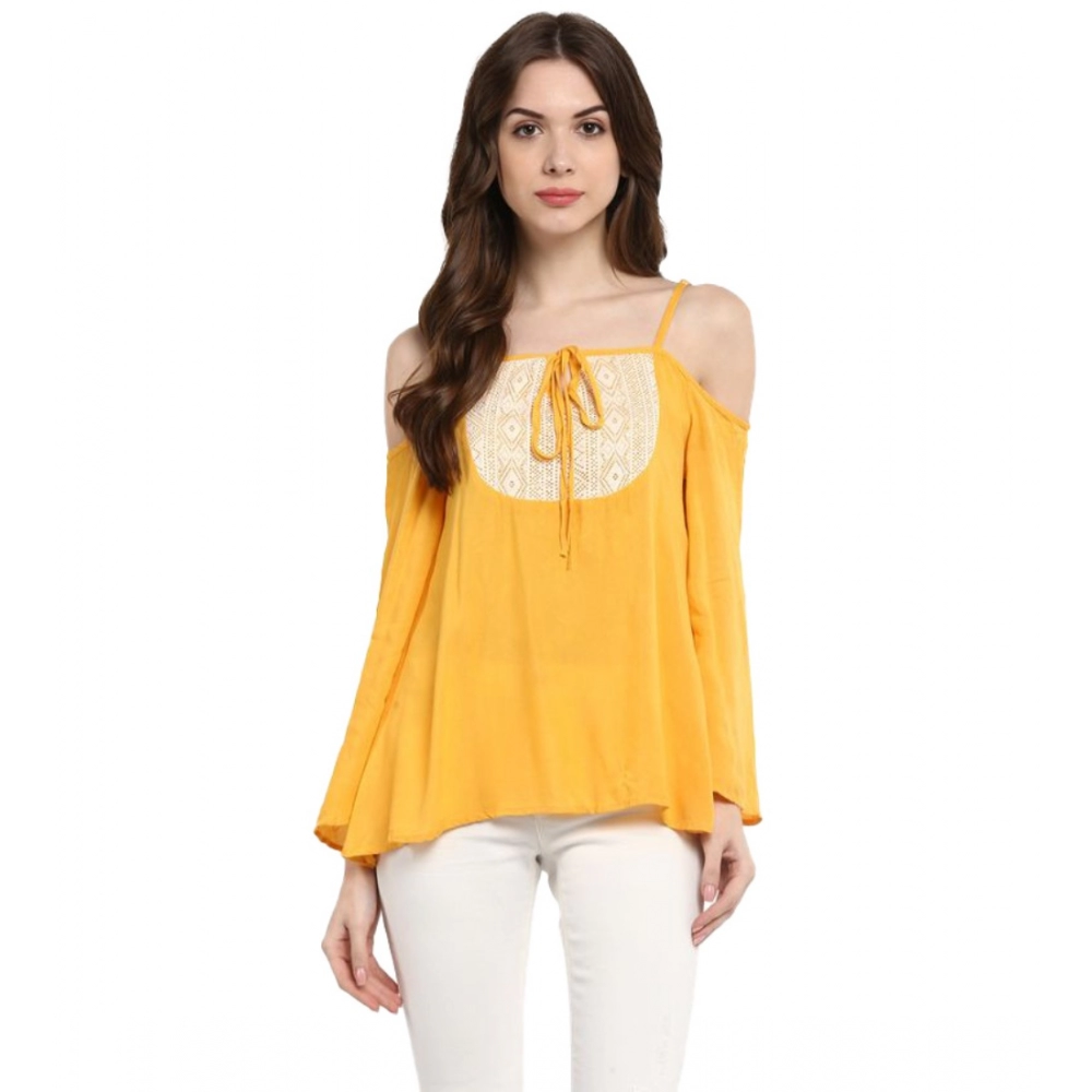 54041763258_909042c994_o_d-1000x1000-1.webp Women's Rayon Embellished Cold Shoulder Regular Top (Mustard Yellow) - Image 1