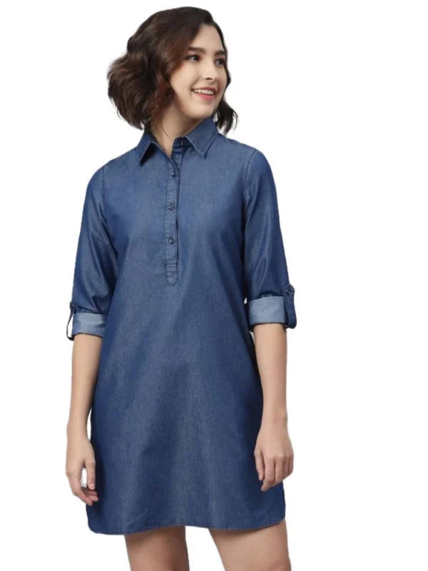 Women's Denim Solid Long Sleeves Above Knee Dress (Navy Blue)