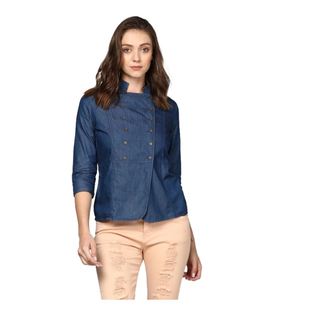 54041835414_58db358c39_o_d-1000x1000-1.webp Women's Denim Solid 3-4th Sleeves Top (Blue) - Image 1