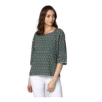 Women's Polyester Printed 3-4th Sleeves Top (Green)